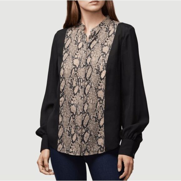 NEW! FRAME Silk Colorblock Blouse Noir Multi Python Print Button Up Size Small - Picture 2 of 12